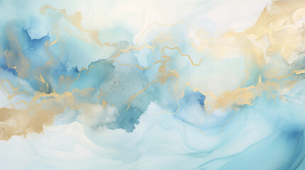  Abstract background with airy blue watercolor and liquid gold in the form of a marble texture.