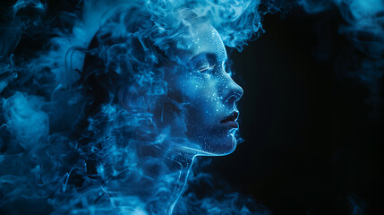 Poster - A woman's portrait in holographic style against a black background with a blue glow