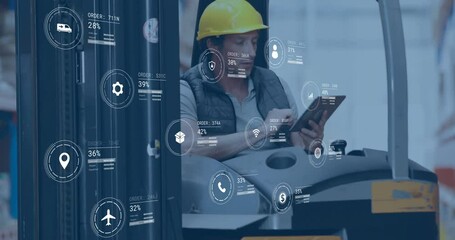 Poster - animation of business icons and data processing over caucasian male worker using tablet in warehouse