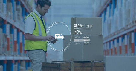 Poster - Animation of car icon and data processing over caucasian male worker inspecting cartons in warehouse