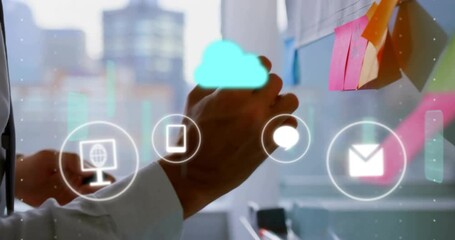 Poster - Animation of media icons over caucasian casual businesswoman taking notes in office