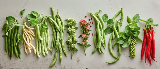 Poster - Various types of fresh vegetables, including green and fancy beans, are meticulously arranged in neat or tangled bunches on a wall, showcasing an array of colors and textures.