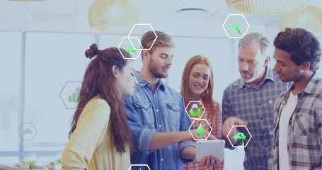 Poster - Animation of ecology icons over diverse colleagues discussing work in office