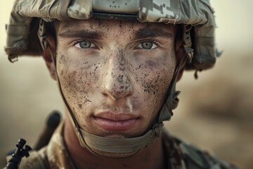 Sticker - Focused on the gripping hands of a soldier in uniform, set against a blurred desert backdrop