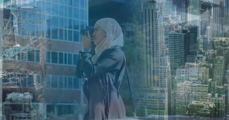 Poster - Animation of biracial woman taking photos over cityscape