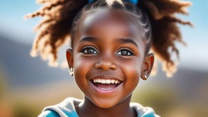 Happy child portrait. Little african american kid girl smiling on rustic sunny nature background