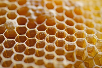Poster - A close-up view revealing the geometric perfection and golden tones of a bee-made honeycomb structure