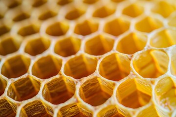 Poster - Close-up image highlighting the geometric perfection and natural golden hues of a honeycomb, showcasing the wonder of bee architecture
