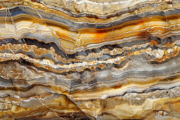 Aufkleber - A stunning detailed image of layered rock formations with striations in rich earthy tones, showcasing geology's narrative through time