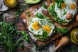 bread with delicious fried eggs with spices and avocado