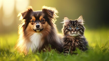 Wall Mural - Dog and cat relaxing on green grass in spring sunlight - cute animal companions in nature