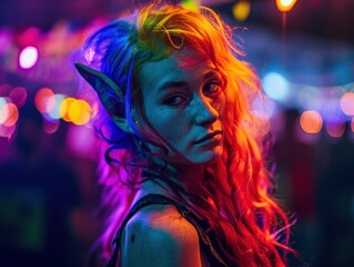 Wall Mural - a woman with colorful hair and elf ears