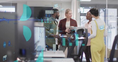 Poster - Animation of data processing and diagrams over diverse colleagues talking in office