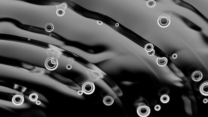 Poster - Top view of drops falling into water surface and diverging circles in slow motion. Design. Bubbles of air or drops and ripples.