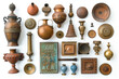 A curated assortment of antique metal and ceramic artifacts, including vases, plates, and decorative items, displayed against a white background.