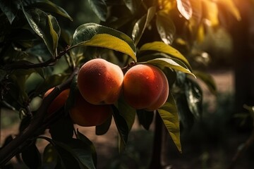 Aufkleber - Fruit Peaches Hanging Peach Tree, Vibrant orange fruits peach fuzz texture, green leaves background