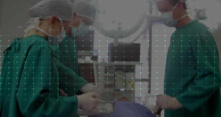 Sticker - Animation of cardiograph over caucasian surgeons with face masks in operating room