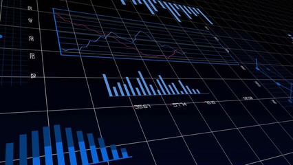Poster - Animation of network of connections with data processing and diagrams over black background