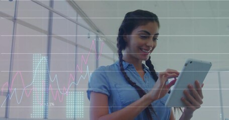 Poster - Animation of data processing and diagrams over biracial woman using tablet