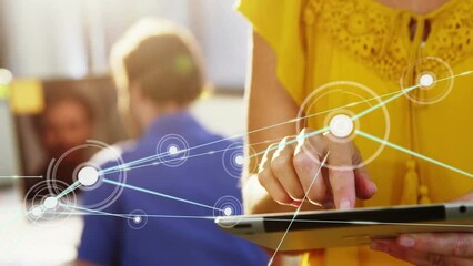 Poster - Animation of network of connections over caucasian businesswoman using tablet in office