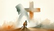 Christian man praying in front of a Christian cross, Jesus silhouette in background.  Digital watercolor painting.
