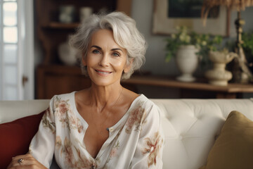 Poster - Beautiful middle aged german woman sitting on sofa at home, single mature senior in living room