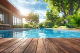 Fototapeta Konie - Luxury Wood Terrace by Swimming Pool, Wood Architecture, Perspective Wooden Terrace Template