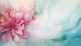 Fototapeta Kwiaty - Watercolor abstract background with soft blue waves and lush red peony flower.