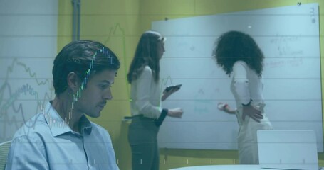 Poster - Animation of financial data processing over diverse business people in office
