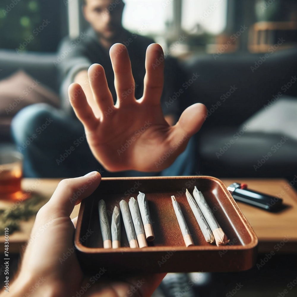 Man refuses or rejects to smoke cannabis joint. Stopping hand sign ...