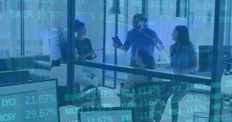 Poster - Animation of financial data processing over diverse business people in office