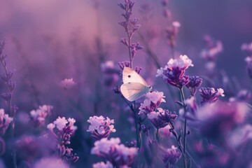 Poster - A delicate butterfly perches atop a thin stem amid a dreamy field of purple flora.