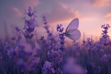 Poster - A delicate butterfly perches atop a thin stem amid a dreamy field of purple flora.