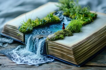 Poster - Open magic book with child  water  land. Fantasy nature.