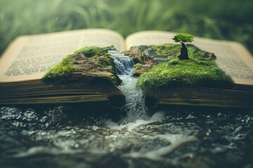Poster - Open magic book with child  water  land. Fantasy nature.