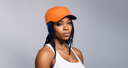 Sticker - Female rapper in white top tank and baseball cap. Portrait of a hip hop lady artist. Copy space