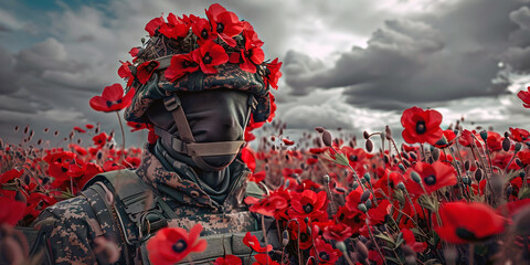 Wall Mural - Soldier in camouflage clothing in poppy field, ai generated.