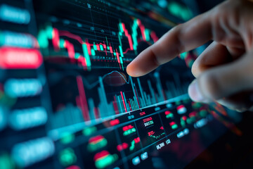 Fototapete - The hand of someone is pointing at a screen, presumably to view stock market graph data showing the rise and fall of stocks, as well as stock market numerical reports. Generative Ai Illustratration.
