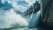 Portrait of water discharge at hydroelectric power plant. Hydroelectric dam on the river