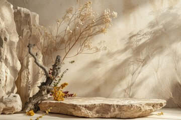 Poster - Natural material podium with tree  stone  and flowers.