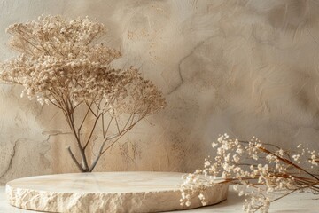 Poster - Natural material podium with tree  stone  and flowers.