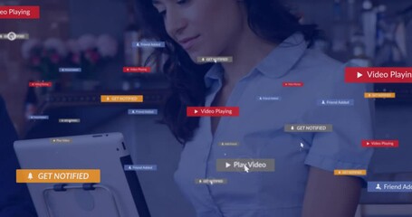 Poster - Animation of icons and data processing over caucasian businessman using tablet