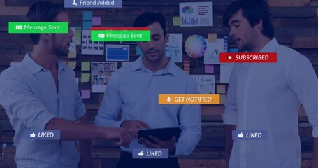 Poster - Animation of icons and data processing over diverse business people using tablet