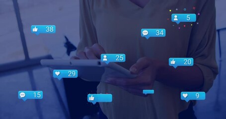 Poster - Animation of icons and data processing over diverse business people using tablet