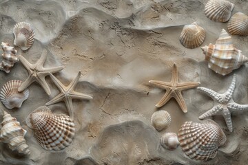Poster - Sandy beach texture with seashells and starfish imprint background.