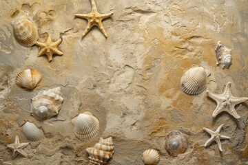 Poster - Sandy beach texture with seashells and starfish imprint background.