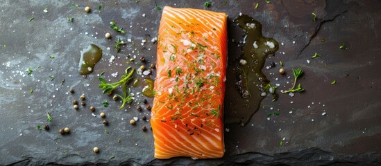 Canvas Print - A piece of salmon seasoned with pepper, sea salt, herbs, and olive oil, placed on a dark slate surface. The overhead shot shows the texture and color of the fish.