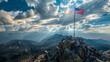 A weather-beaten American flag hoisted high on a mountaintop