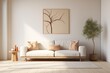  photo of living room interior boho still, with cozy beige couch, modern minimalist design of apartment