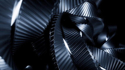 Poster - Abstract metal spinning stripes on a black background, monochrome. Design. Long tangled mechanism.